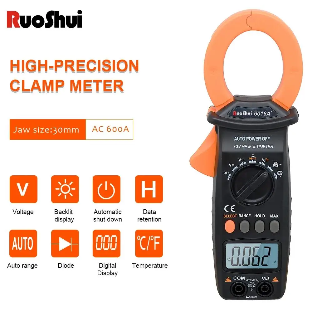 RuoShui-Medidor de abrazadera 6016A + rango automático, amperímetro de corriente de voltaje CA CC, voltímetro Ohm, temperatura, capacitancia Hz, amperímetro de abrazadera