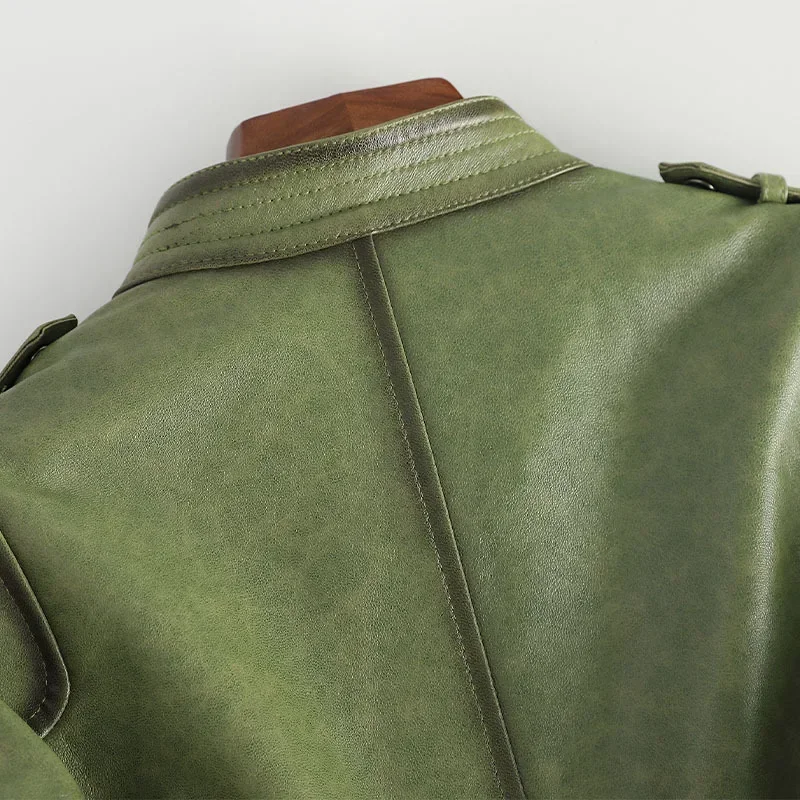 Veste en cuir véritable pour femmes, vêtements d'automne pour femmes, vestes de moto minces, col montant, pardessus vert court, FCY, 2023