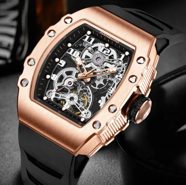 

HANBORO Men Automatic Watch 50MM Tonneau Mechanical Wristwatch Luminous 50m Waterproof Skeleton Dial Sapphire Mirror
