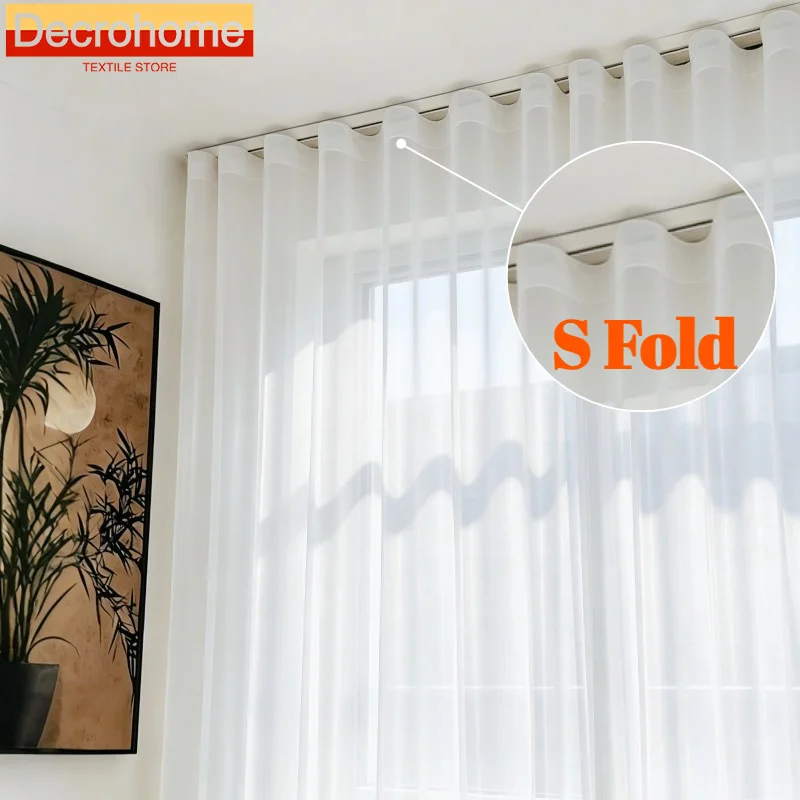 1PC S Fold Sheer White Tulle Luxury Wavy Curtains Chiffon Curtains for Living Room Bedroom Dining Voile High Quality Decoration