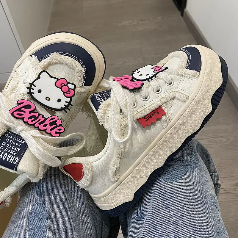 Sanrio HelloKitty Women Platform Sneakers Cartoon Lace Up Flat Outdoor Comfortable Running Sports Shoes Tennis Jogging Sneakers