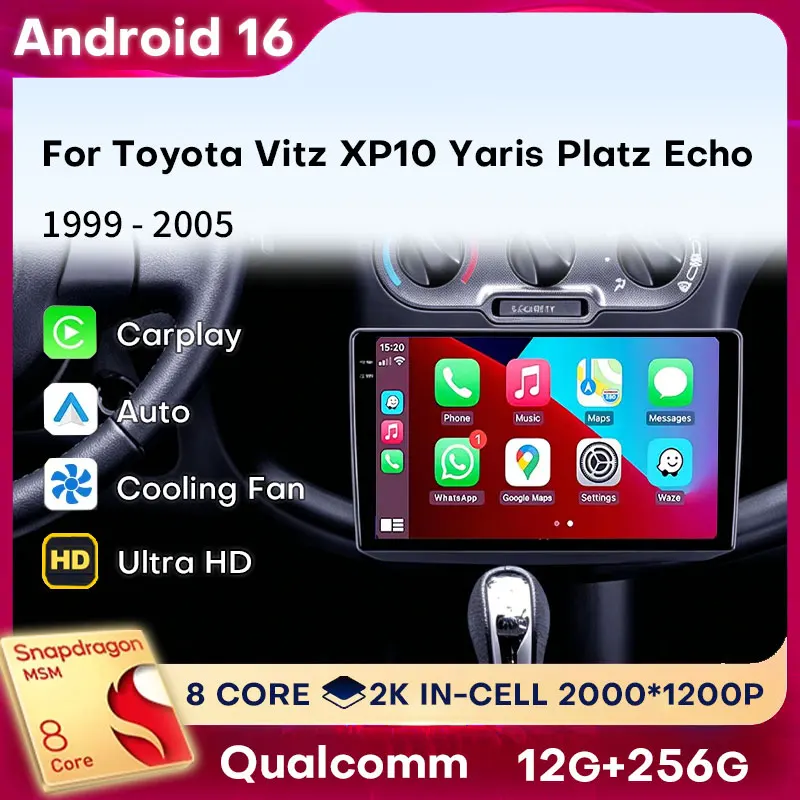 Android 16 Carplay para Toyota Vitz XP10 Yaris Platz Echo 1999 - 2005, Unidad Principal Multimedia, Video, GPS, Navegación Automática, Radio para Auto con Bluetooth