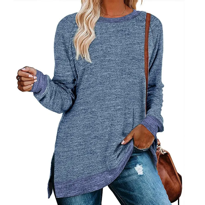 Women's Fashionable Autumn And Winter Round Neck Color Blocked Split Top Women's Long Sleeved Loose Casual Pullover T-shirt