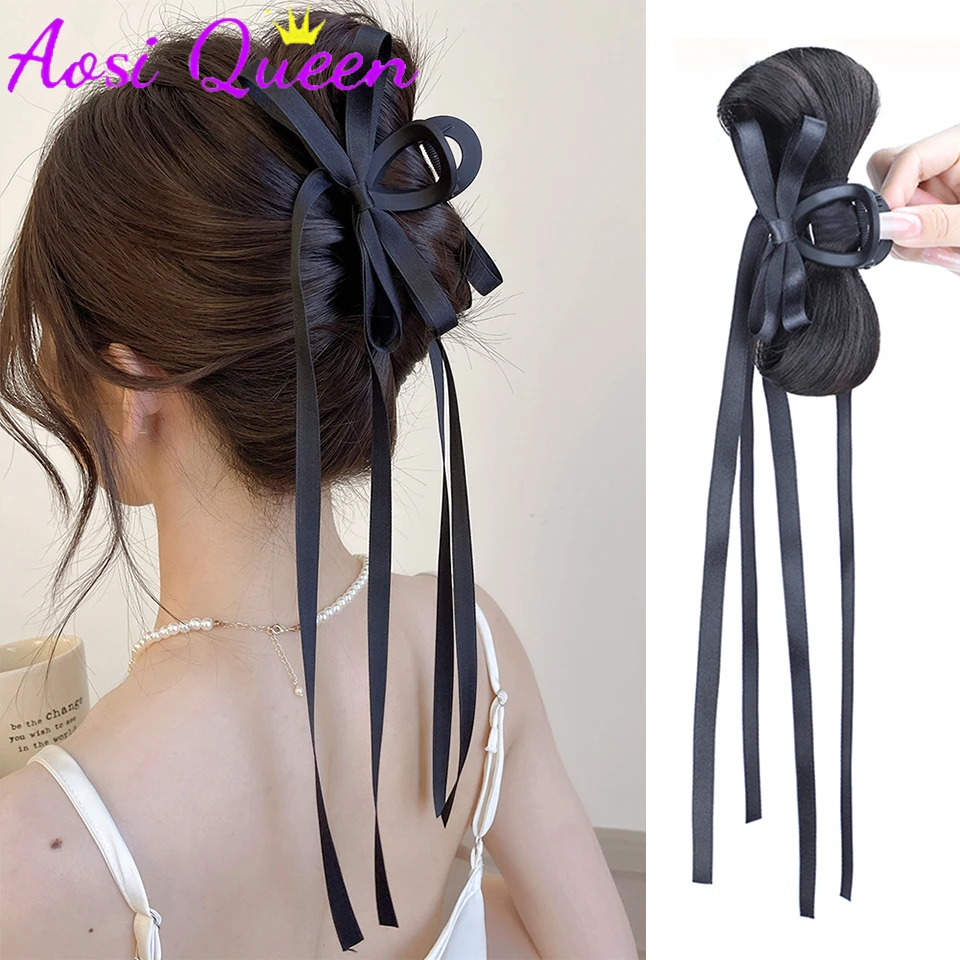 AOSI Synthetic Claw clip Ball Head Wig Female Bow Ribbon Bun Gentle Half-tied Daily Versatile Wig Hair Bag