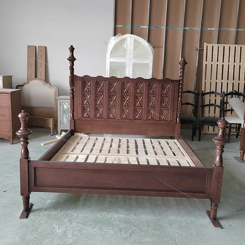 French retro solid wood bed, post-modern simple hand-carved bedroom furniture American light luxury double wedding bed carving 5