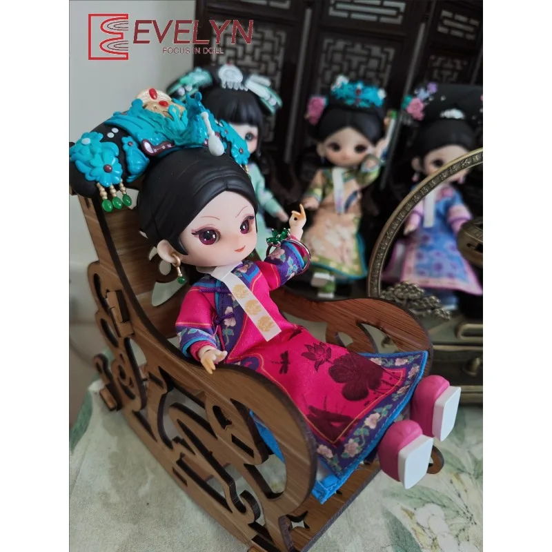 エブリン木製ミニ中国風レトロ中空工芸ロッキングチェアスツール家具モデルDIY風景装飾オーナメント