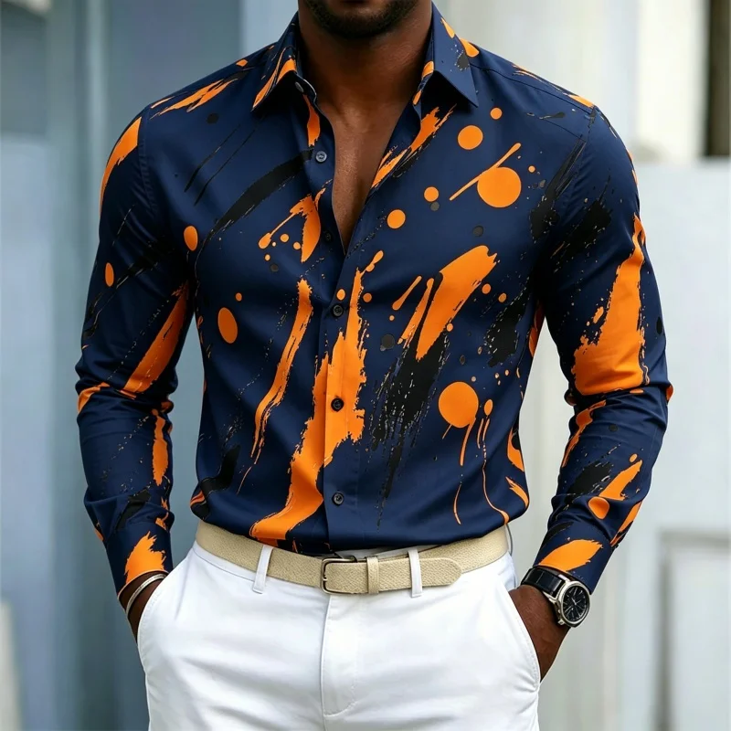 Men's shirt trend splashed ink graffiti print men's long sleeved shirt art contrasting color lapel casual business shirt XS-6XL
