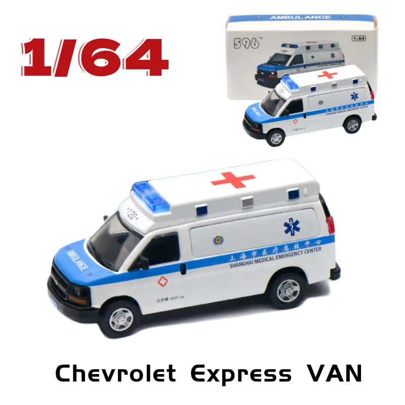 

596 Diecast 1/64 Scale Chevrolet Alloy Car Model Chevrolet Express VAN Shanghai Ambulance Painted Play Vehicles Original Box