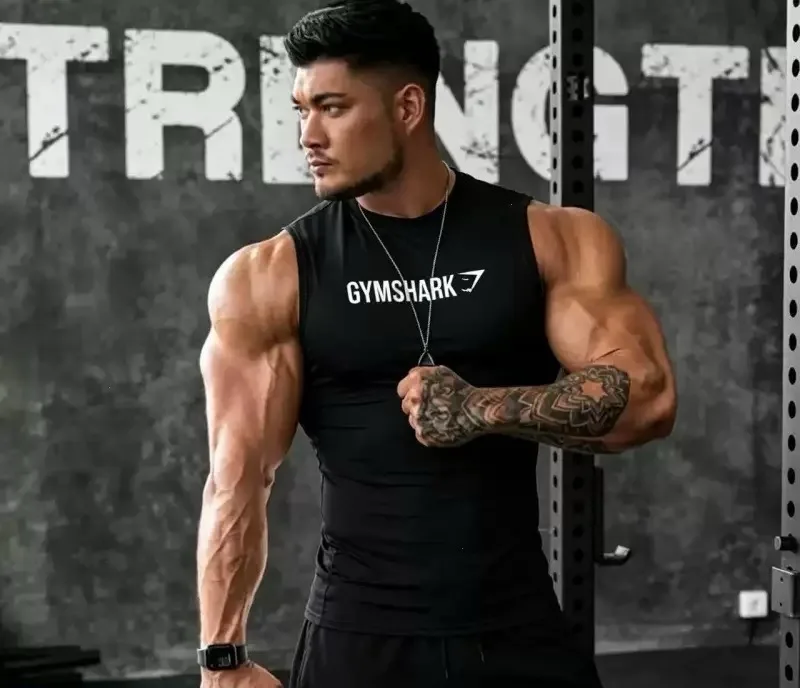 Shark Men's Sports Tank Top Sleeveless Fast Drying High Elasticity Fitness Running Training Bottom Shirt GYMashaRK