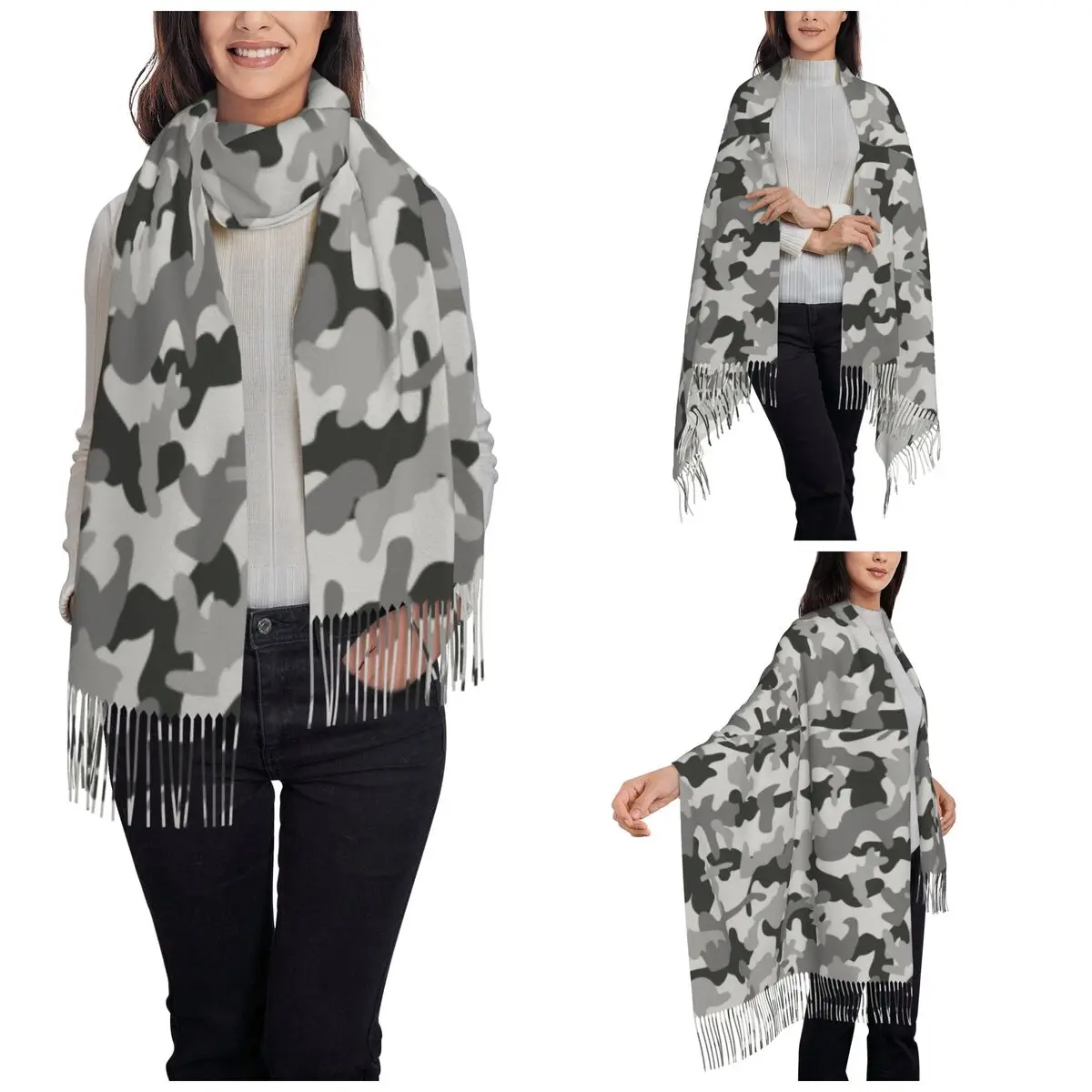 Women's Scarf with Tassel Camouflage Grey Pattern Large Super Soft Shawl Wrap Camo Daily Wear Pashmina Scarves