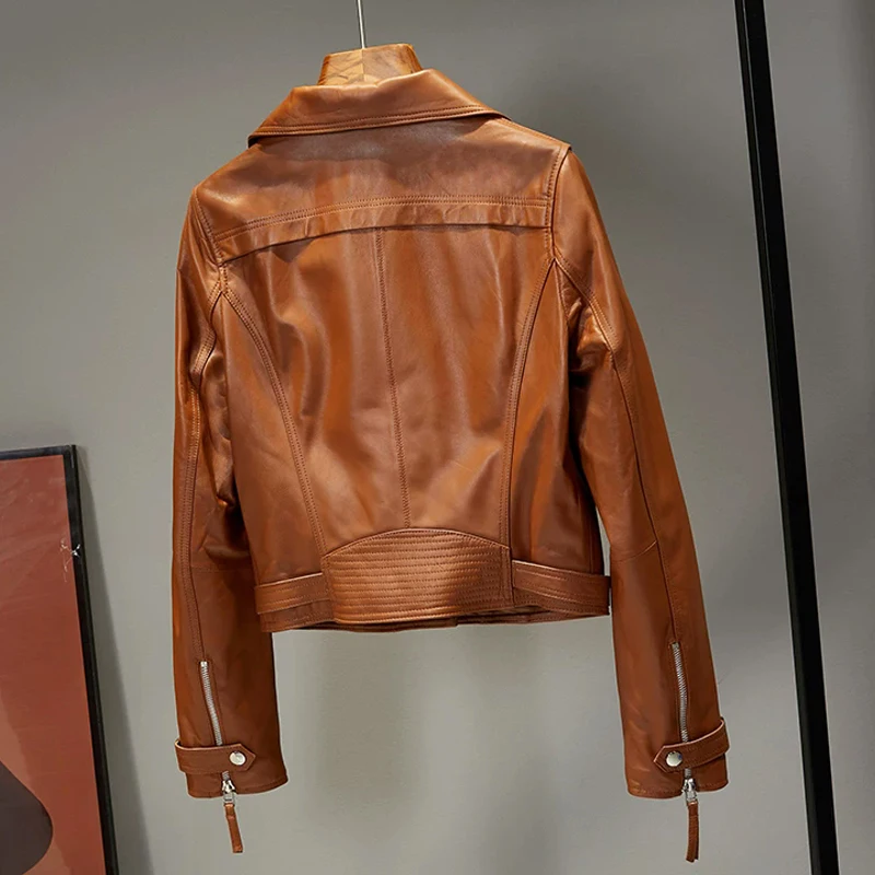 Ropa de cuero auténtico, chaquetas de piel de oveja para mujer, moda marrón, chaquetas informales cortas ajustadas de manga larga para motocicleta