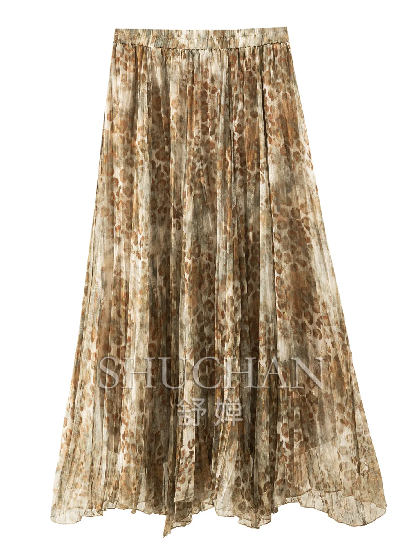 Leopard Print Chiffon Skirt Foreign Trade D Pleated Irregular 2 Meters + Large Skirt A Word Skirt Women 66L1