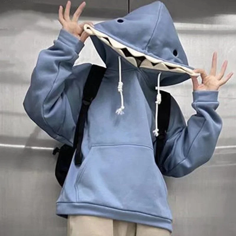 Fashion Shark Plus Velvet Embroidered Hooded Sweater Men and Women Autumn and Winter 2022 Loose Casual Top Hoodie Sweatshirts