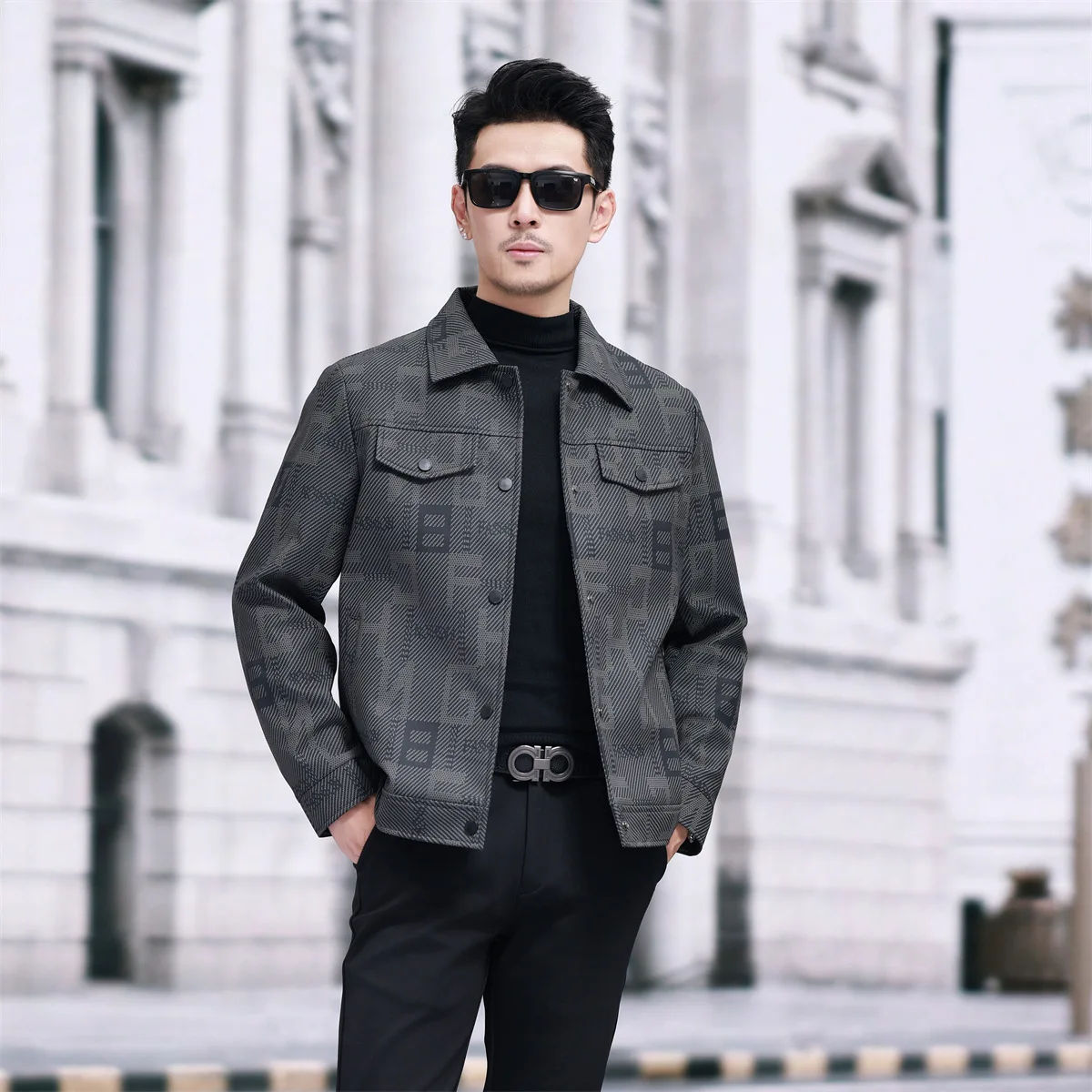 Men's Dark Gray All-Over Print Denim Jacket Slim-Fit Trendy Casual Daily Outerwear 2026