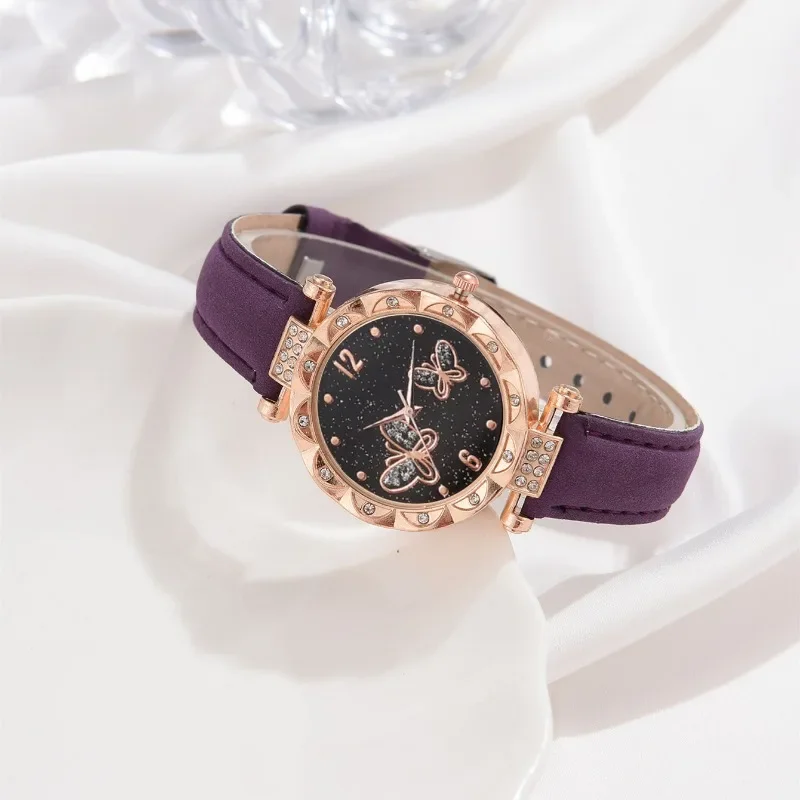 女性用バタフライエレメントウォッチ,パープル,ピンク,ブラックダイヤル,クォーツ,フロストストラップ,ジュエリーアクセサリー,女の子へのギフト