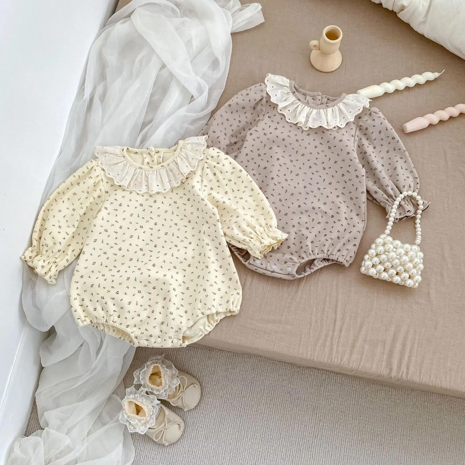 Autumn Korean Newborn Girls Bodysuit Floral Printed Lace Collar Cotton Baby Girls Rompers Casual Loose Infant Girls Jumpsuit