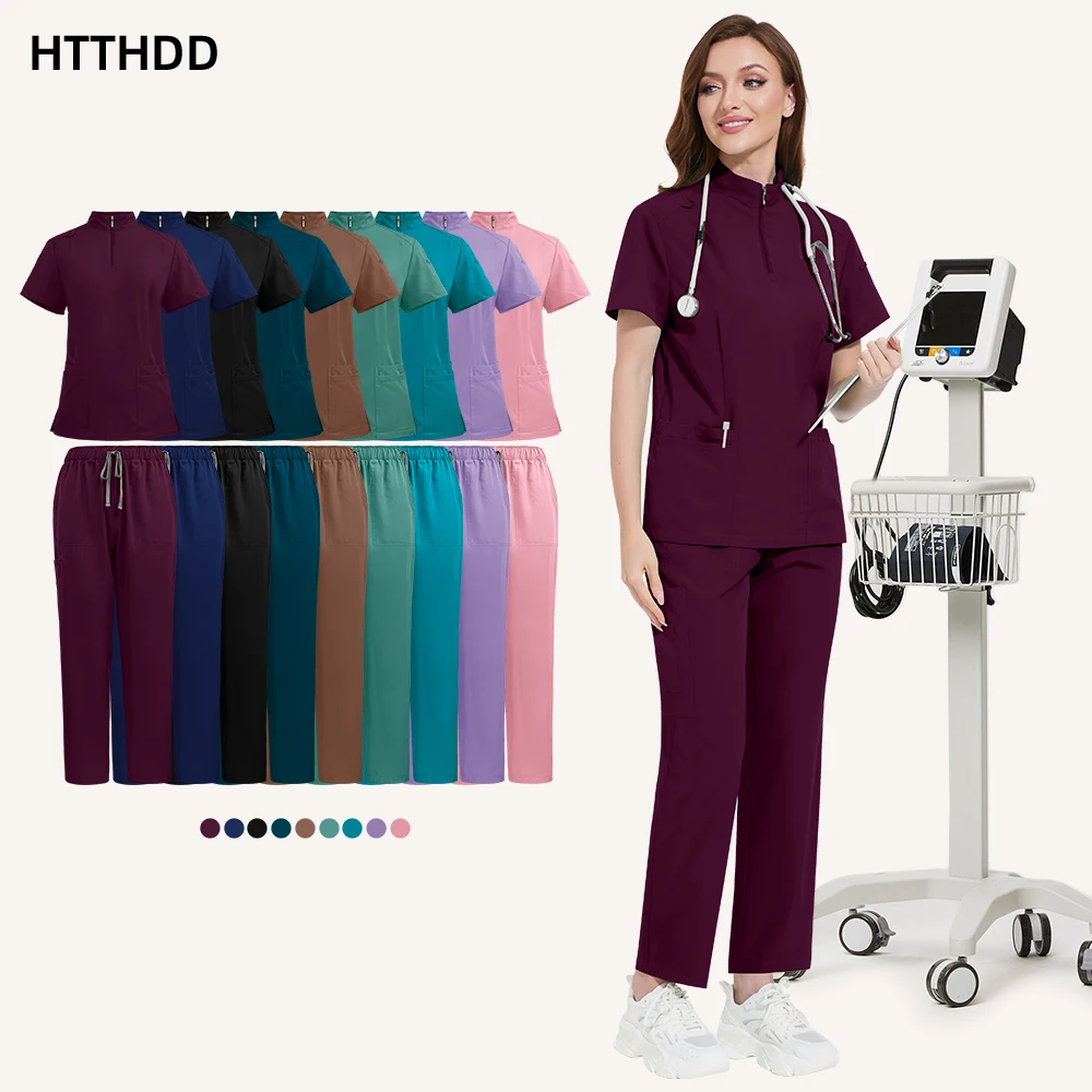 

Top Sale Beauty Nurse Hospital Uniforms Two Piece Stretch Spandex Straight Pants Scrubs Suit Nursing Women Men Scrub Uniform Set