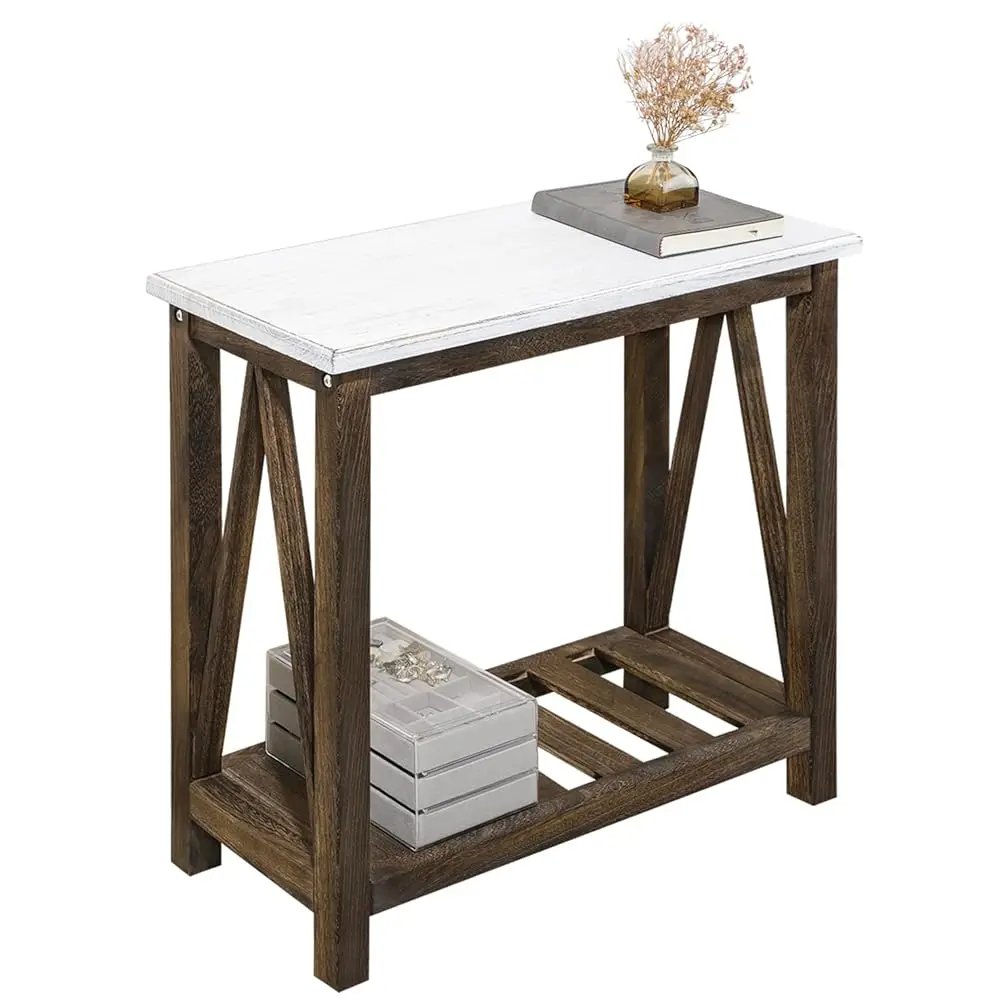 

Narrow Side Table Living Room Farmhouse End Table With Storage Shelf Rectangular Rustic Nightstand Sofa Side Tables For Small