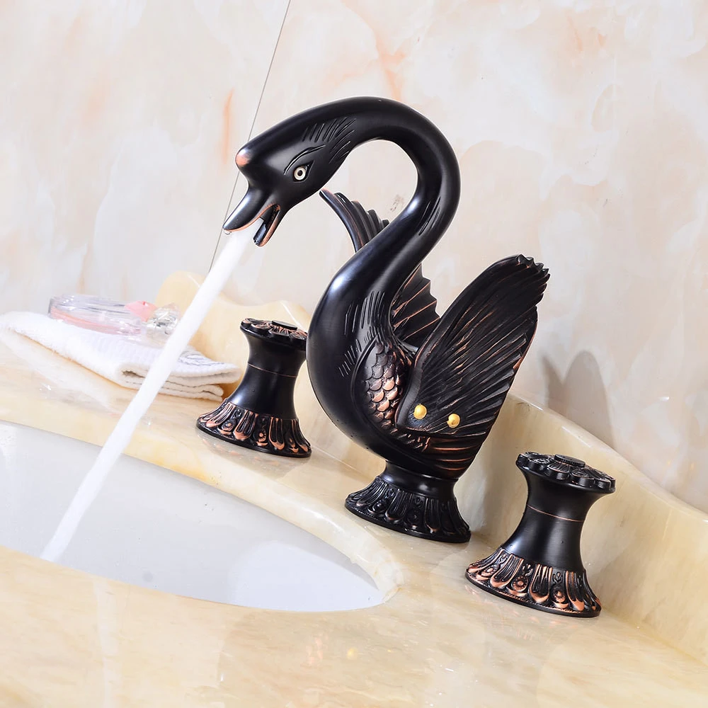 New Arrivals Deck-mounted Widespread Golden/Black Oil 3 Pcs Bathroom Swan Faucet Lavatory Basin Sink Mixer Luxury Style