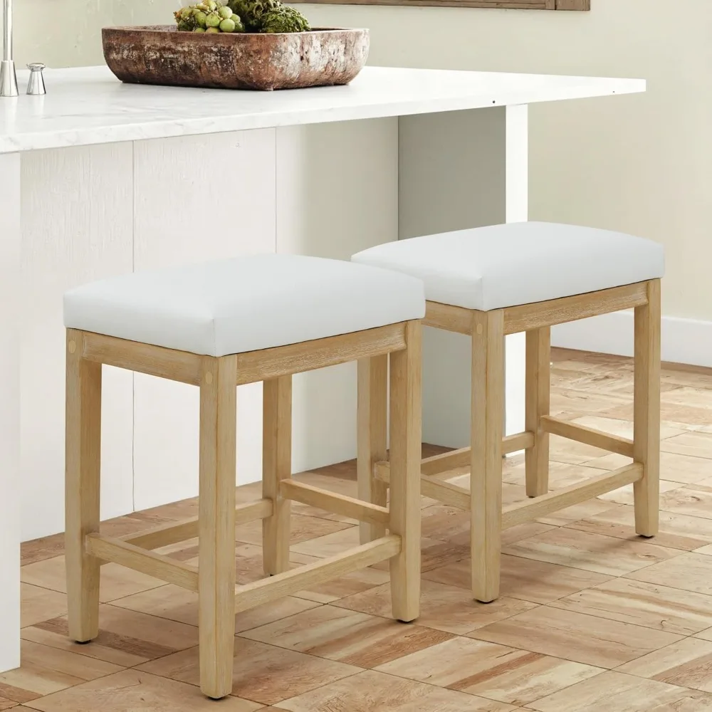 Counter Height White Bar Stools Set of 2 for Kitchen Counter Farmhouse Modern Barstools with Faux Leather Upholstered Backless