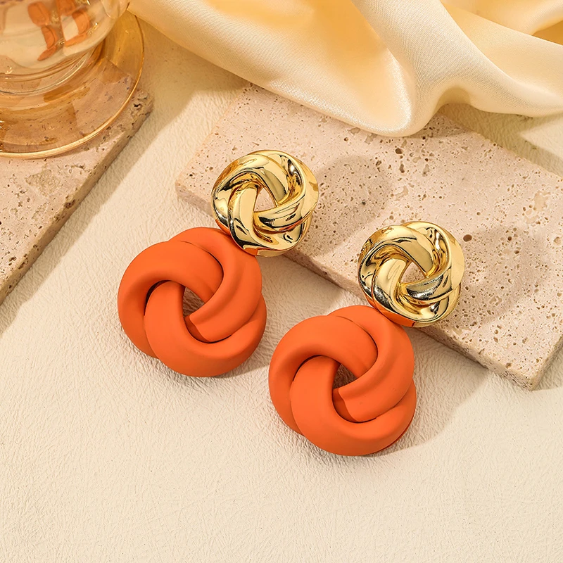 Bohemia Fashion Contrasting Colors Women\'s Earrings Elegant Temperament Hollow Knot Tying Metal Baking Paint Jewelry Earrings