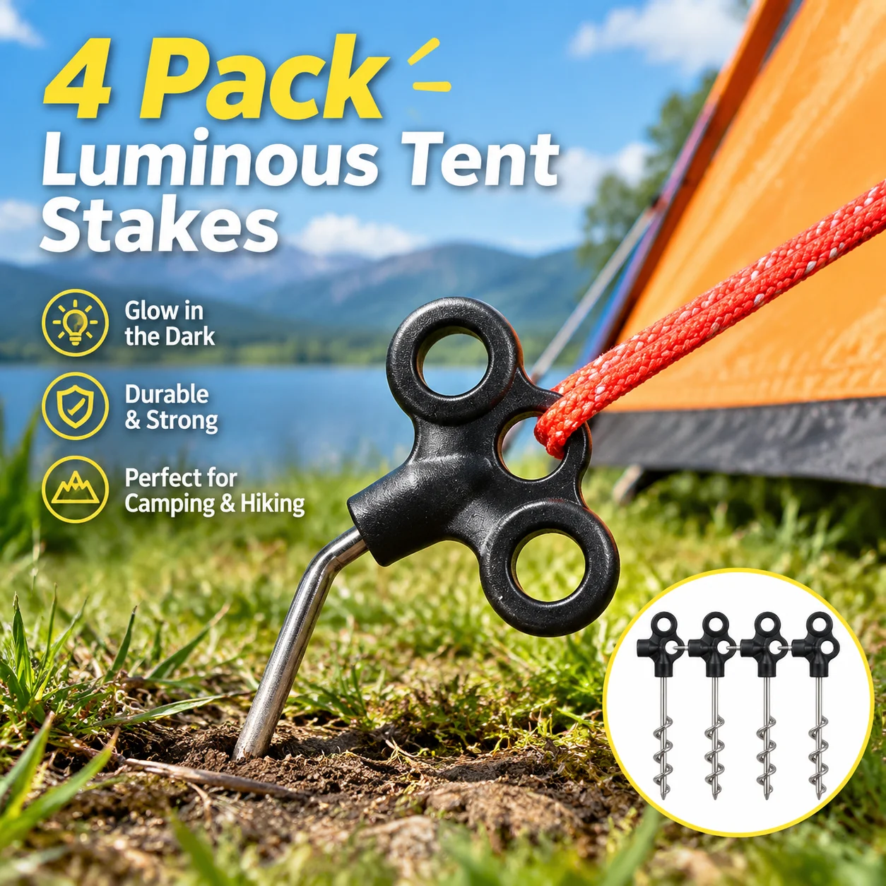 Camping Deck Nail Glow-in-the-Dark Outdoor Camping Tent Wind Rope Fixing Nail Three-Hole Screw Stainless Steel Threaded