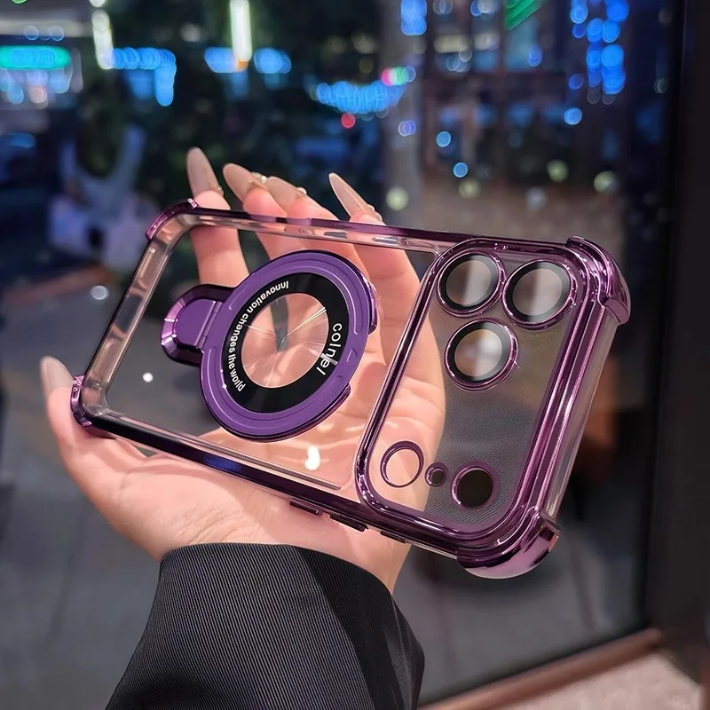 Funda de Lujo con Placa Magnética para Soporte Magsafe para iPhone 18 17 16 15 14 13 12 11ProMax Plus, Anillo Magnético, Soporte y Cubierta Transparente