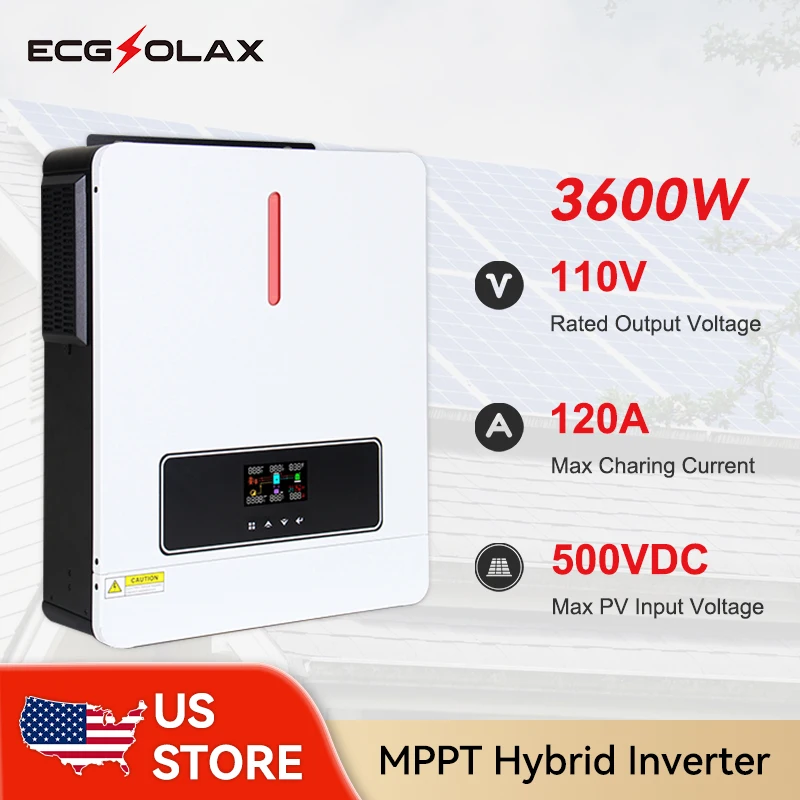 ECGSOLAX 3.6KW 24V عاكس شمسي هجين 110V عاكس جيبي نقي مع MPPT 120A جهاز التحكم بالشحن بالطاقة الشمسية خارج الشبكة العاكس WiFi
