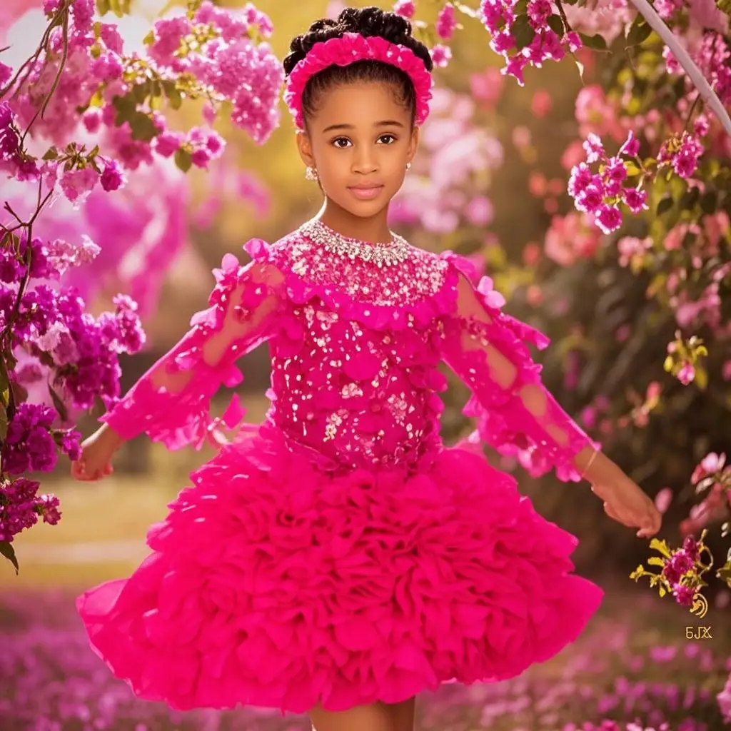 

Индивидуальное детское платье с высоким воротом для девочек на день рождения, с длинным рукавом, расшитое бисером, с цветочным узором, для свадьбы, выпускного вечера