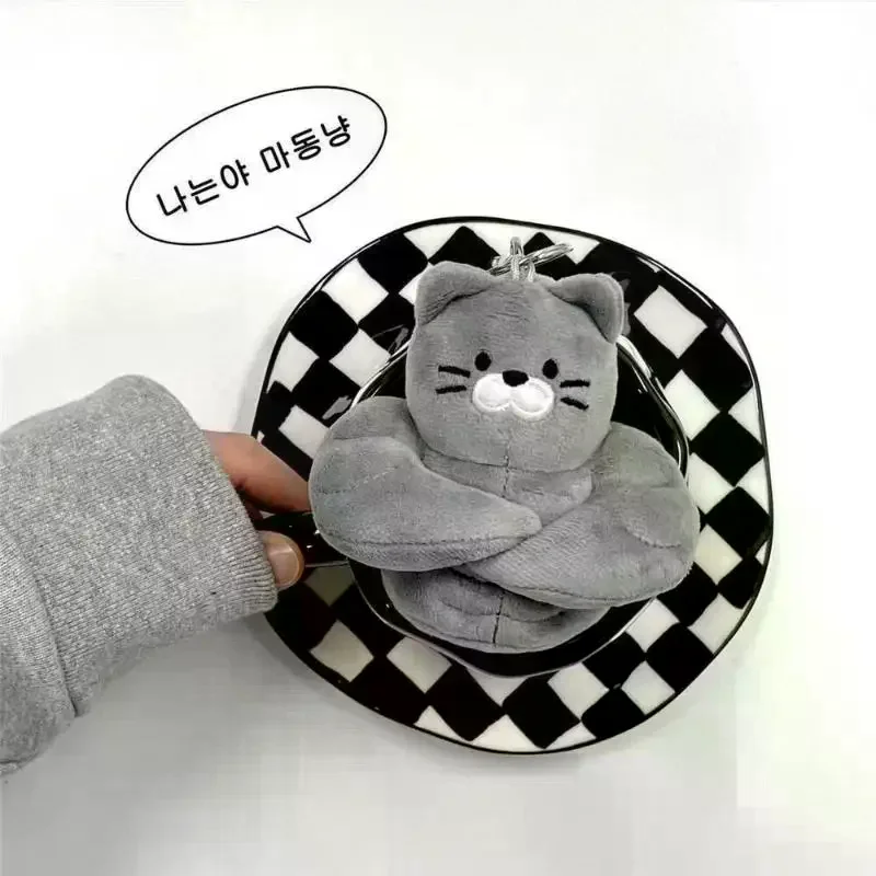 Soft Fluffy Gray Muscle Cat Plush Keychain Cartoon Plush Keyring Bag Pendant Backpack Ornament Gift For Cat Lovers