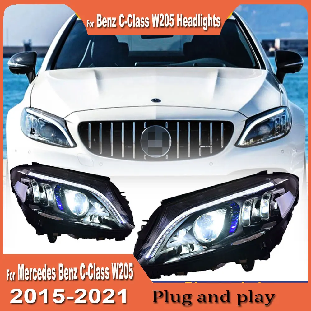 2pc Head Lamp for Benz W205 LED Headlight 2014-2021 Headlights C200 C260 DRL Turn Signal High Beam Angel Eye Projector Lens