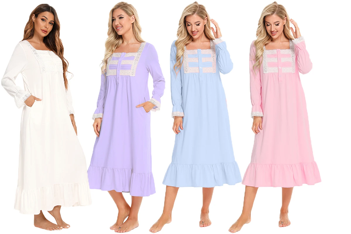 Vintage White Women's Nightgowns Long Sleeve Sweet Girls Princess Sleepwear Loose Royal Nightdress Spring and Autumn Long Skirt