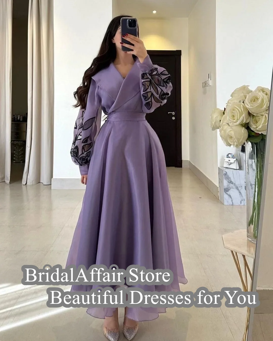 BridalAffair Charming A-Line Women Prom Dresses Elegant V-Neck Long Sleeves Back Zipper Tea Length  Evening Gowns