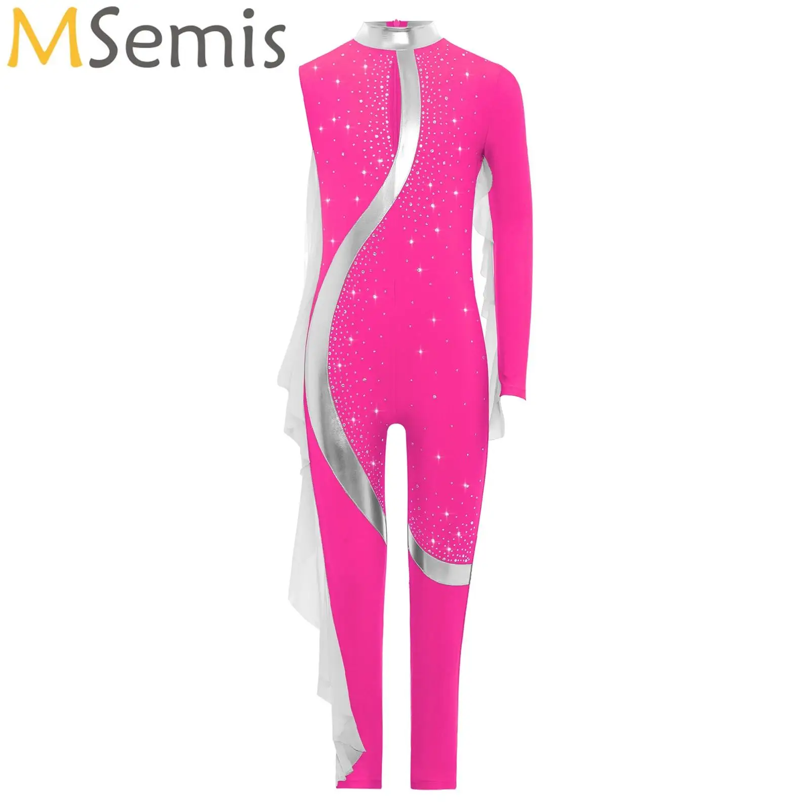 

Kids Girl Sheer Mesh Ruffles Jumpsuit Asymmetrical Long Sleeve Full Body Leotard Gymnastics Ballet Dance Figure Skating Bodysuit