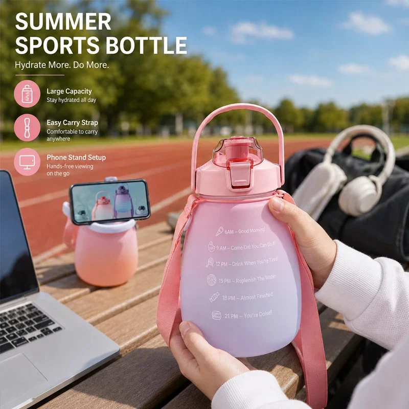 1.3L Large Capacity Sports Water Bottle with Straw Gradient Color Women's Outdoor Running Portable Plastic Bottle