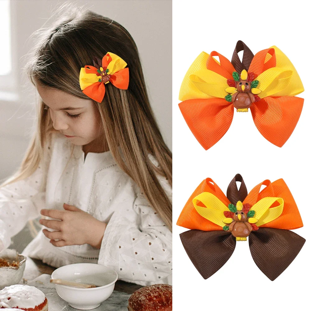 

2Pcs/set Thanksgiving Day Bow Hair Clips for Baby Girls Cartoon Turkey Party DIY Festive Hairpin Kids Headwear Hair Accessories