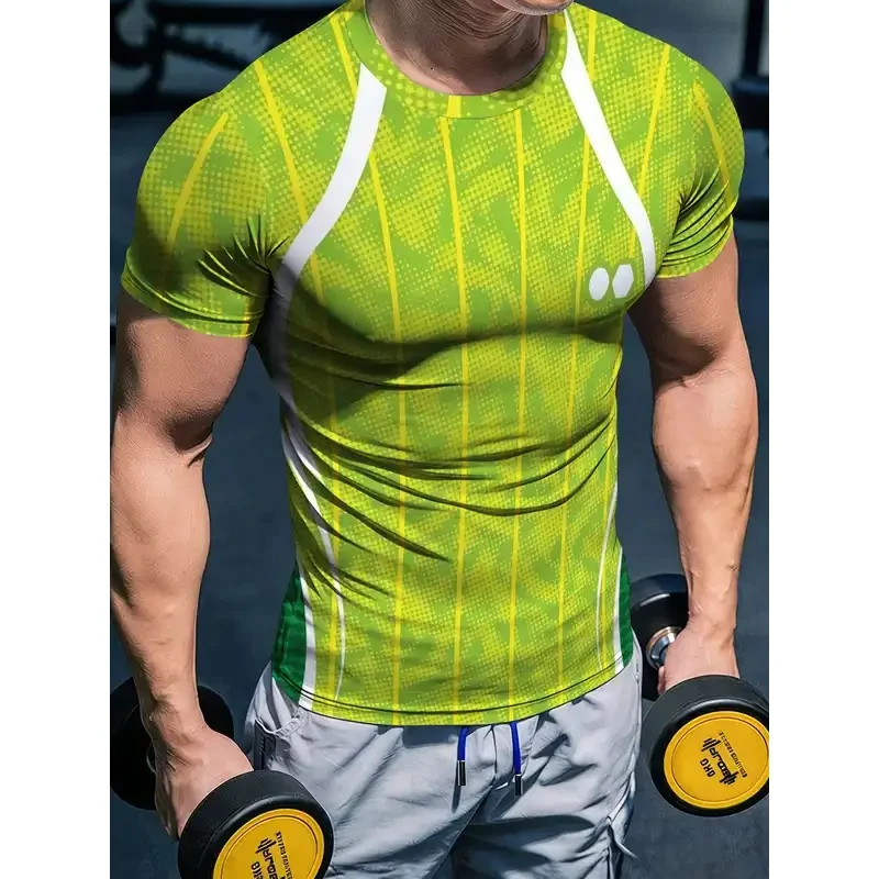 Men's Quick Dry Short Sleeve Sports T Shirt Vertical Green Striped High Stretch Breathable Fitted Training Top