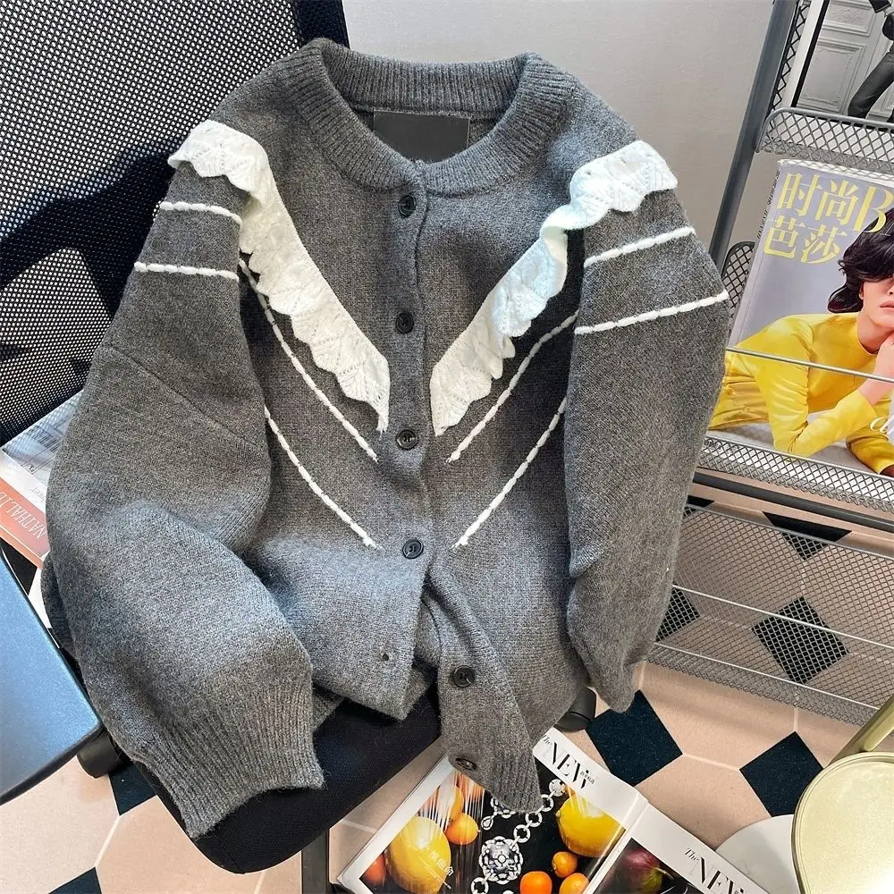 

Grey Sweet Knitted Cardigan Autumn And Winter 2022 New Thick Loose Long Sleeve Sweater Women's Top