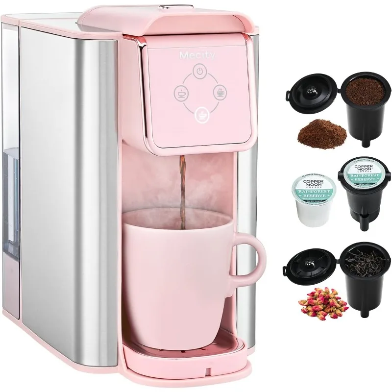 Pink Coffee Maker 3-in-1 Single Serve Coffee Machine, For Flat Bottom Coffee Capsule, Ground Coffee, 6 to 10 Ounce Cup