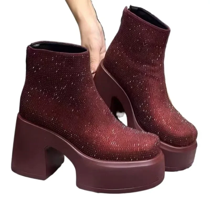 أحذية أنيقة الإناث 2024 الساخن الكاحل الأحذية النسائية منصة الأحذية الحديثة كريستال جولة تو الظهر البريدي حذاء بكعب سميك أحذية السيدات #5