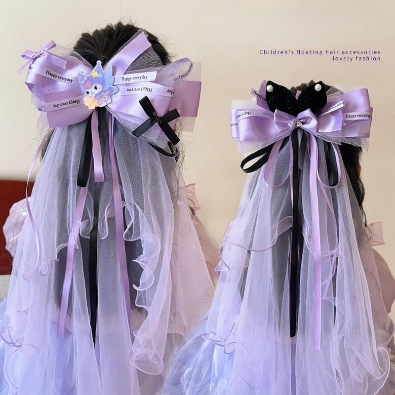 Sanrio New Kuromi Veil Cute Cartoon Hair Accessories Girl Bow Floating Yarn Hairpin Birthday Gift Kawaii Children's Accessories