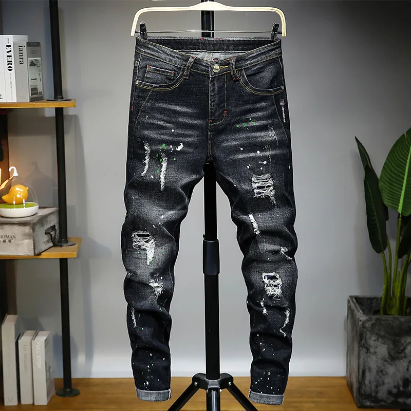 Jeans Mens Ripped Denim Luxury Designer Slim Washed Tapered Brushed Motorcycle Straight Pants Male Black Jean trousers for men