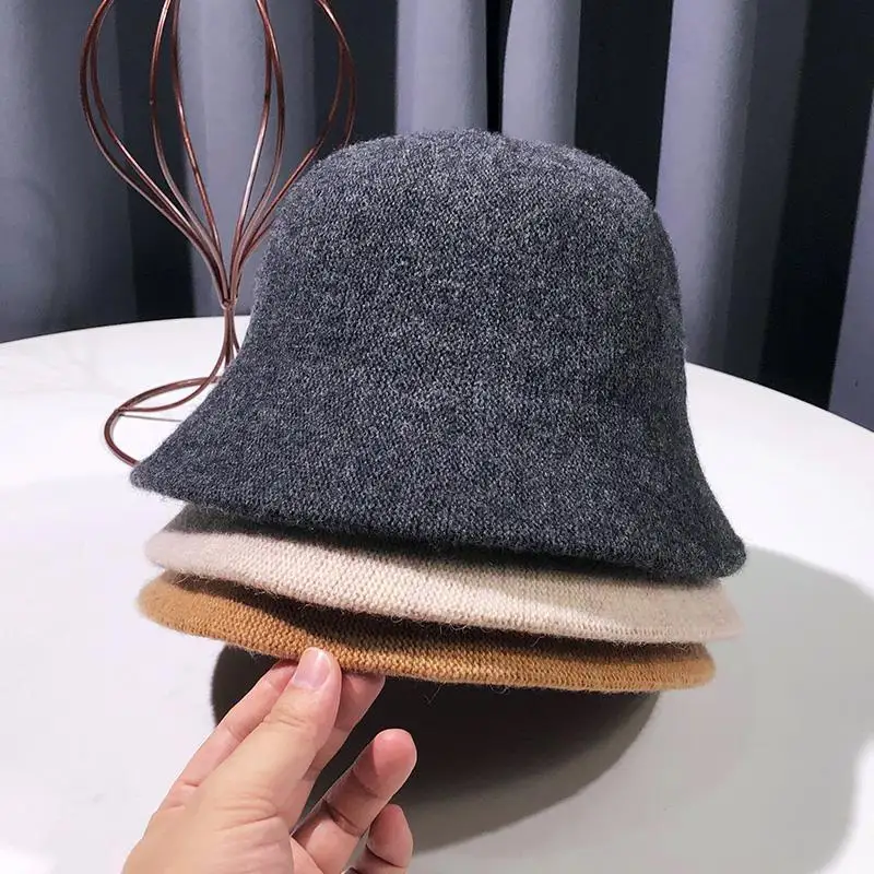 2022  Autumn winter dome wool warm knitted Bucket Hat Women fashion simple black woolen yarn basin cap Vintage weave casual hat