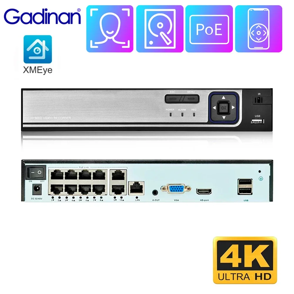 Gadinan 8MP 4K POE NVR Video Recorder H.265 10CH/8CH/6CH/4CH for IP Camera Face Detection Security Protection Video Surveillance