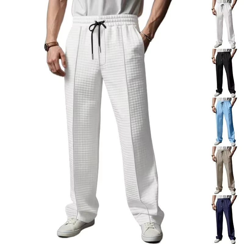 New Casual Waffle Jacquard Trousers Men Vintage Solid Color Pleated Straight Pants For Men Jogging Trendy Plaid Loose Pants
