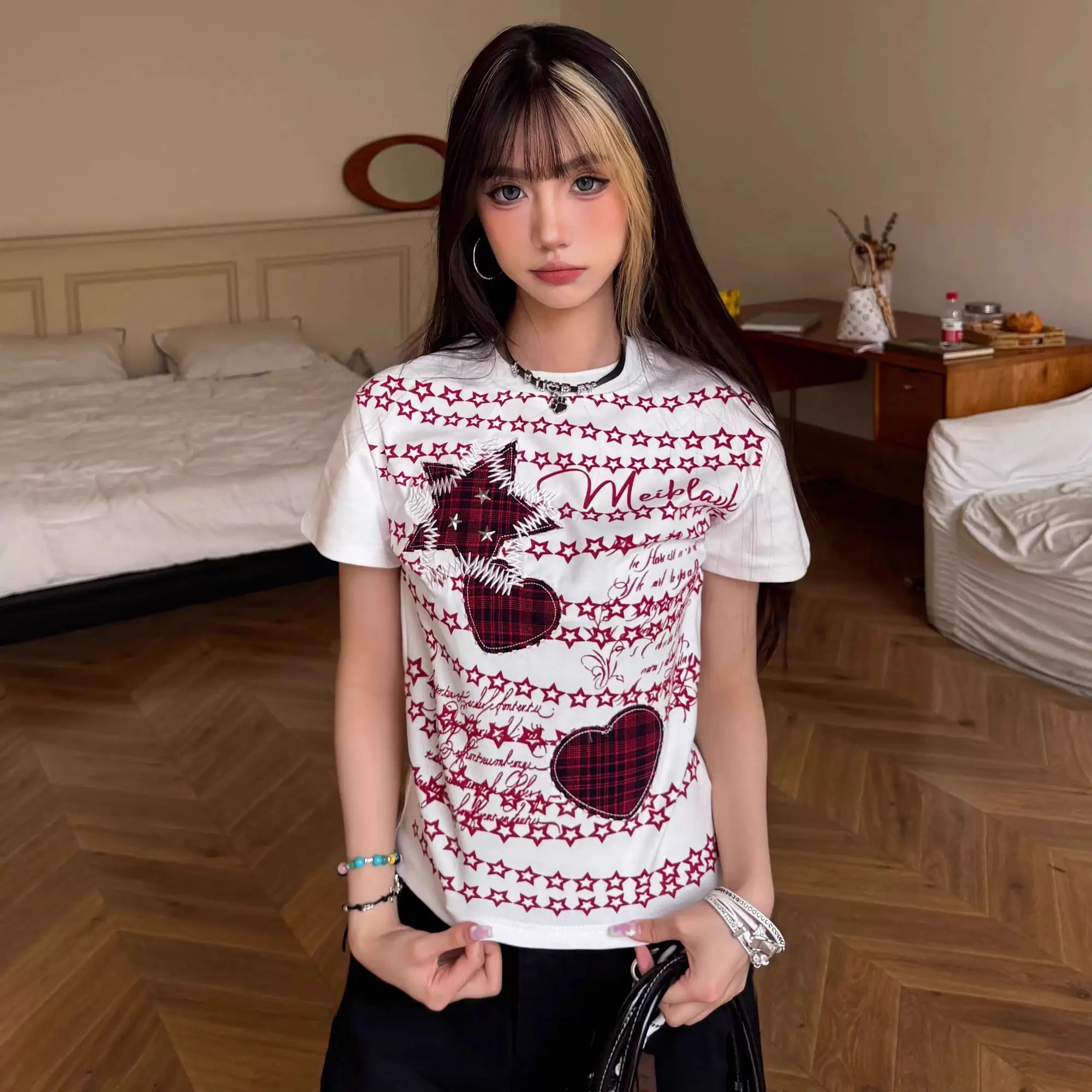 

American Retro Star Patch Y2k Light Sub Short T-Shirt Women Summer New Niche Design Loose Shoulder Design Short Sleeves