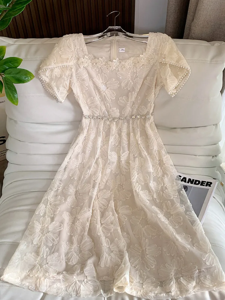 SMTHMA New French Elegant Embroidery Short-Sleeved Summer Dress Women Fashion Luxury Diamond Beads Hollow Floral Dress Vestidos