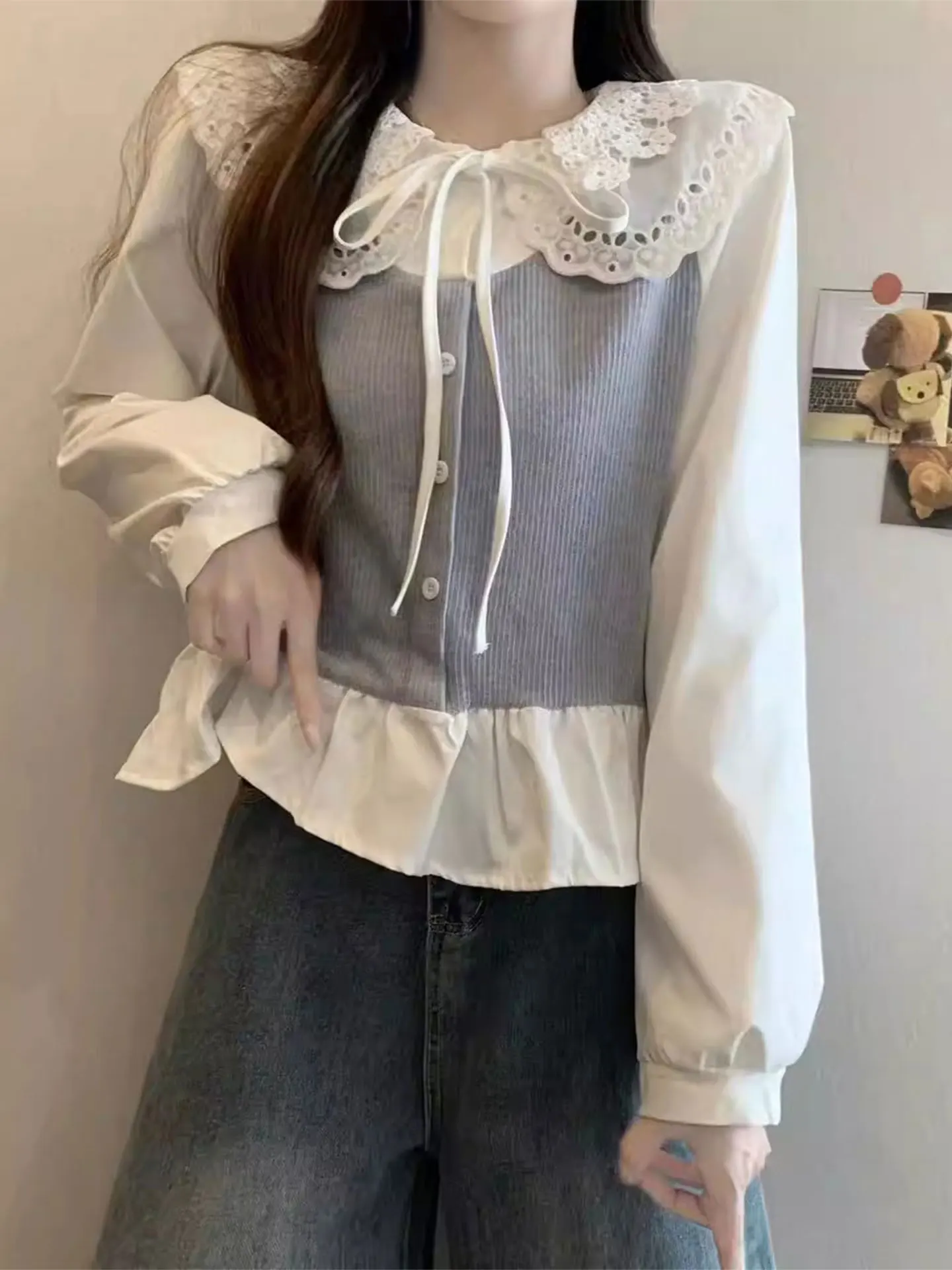 

Корейская женская весенняя блузка с кружевным воротником и длинными рукавами, имитация двухслойности, большие размеры, свободный крой, повседневная