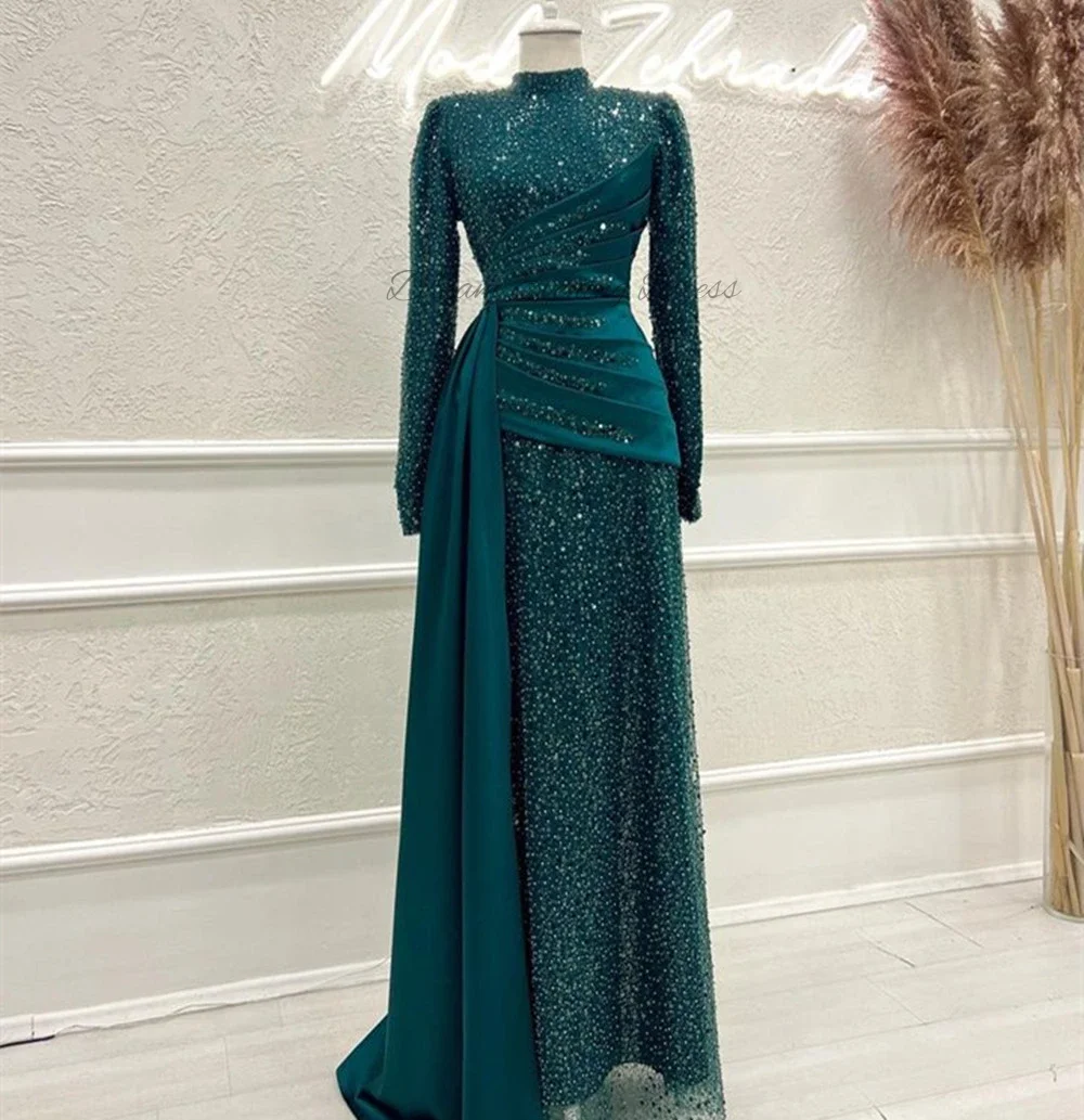 Elegant Dark Green 2023 Muslim Sequins Long Sleeve High Collar A-line Robe Evening Dresses Luxury Beaded Prom Party Dress Custom