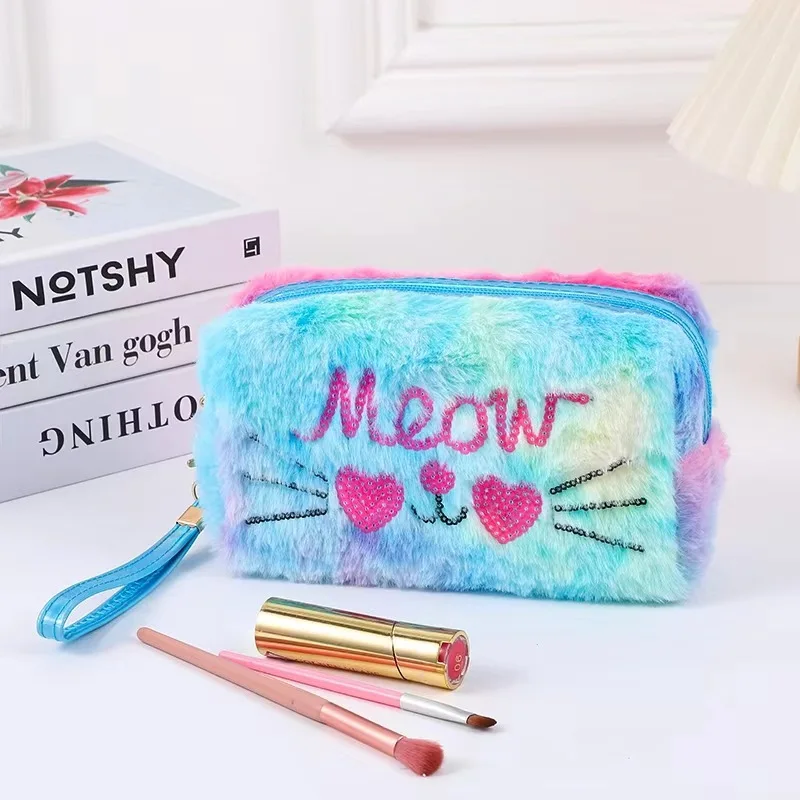 Cartoon Embroidered Plush Cosmetic Bag for Girls Makeup Pouch Case Student Portable Stationery Pouch Travel Organizer Wash Bag